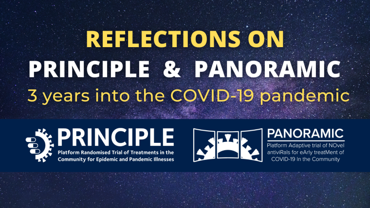 Purple galaxy background with PRINCIPLE and PANORAMIC logos. Text reads: "Reflecting on PANORAMIC and PRINCIPLE: 3 Years into the pandemic."