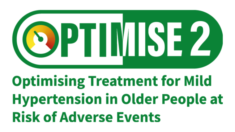 Green and yellow logo reads: OPTIMISE 2: Optimising Prescription of Treatment In older patients with Mild hypertension at Increased risk of Serious adverse Events