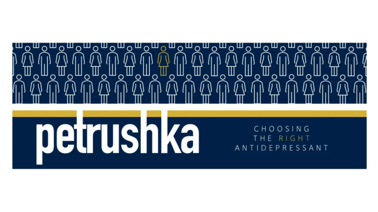 Blue, white and yellow logo reads: PETRUSHKA: Choosing the right antidepressant with images of people's silhouettes