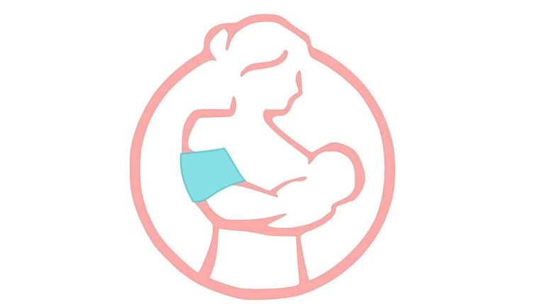 Pink and blue silhouette of a woman carrying a baby, wearing an armband.